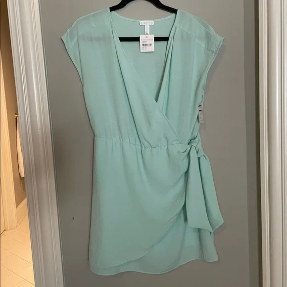 Leith Wrap sleeveless mini dress with side bow - light blue/green - small - NWT - Picture 3 of 7